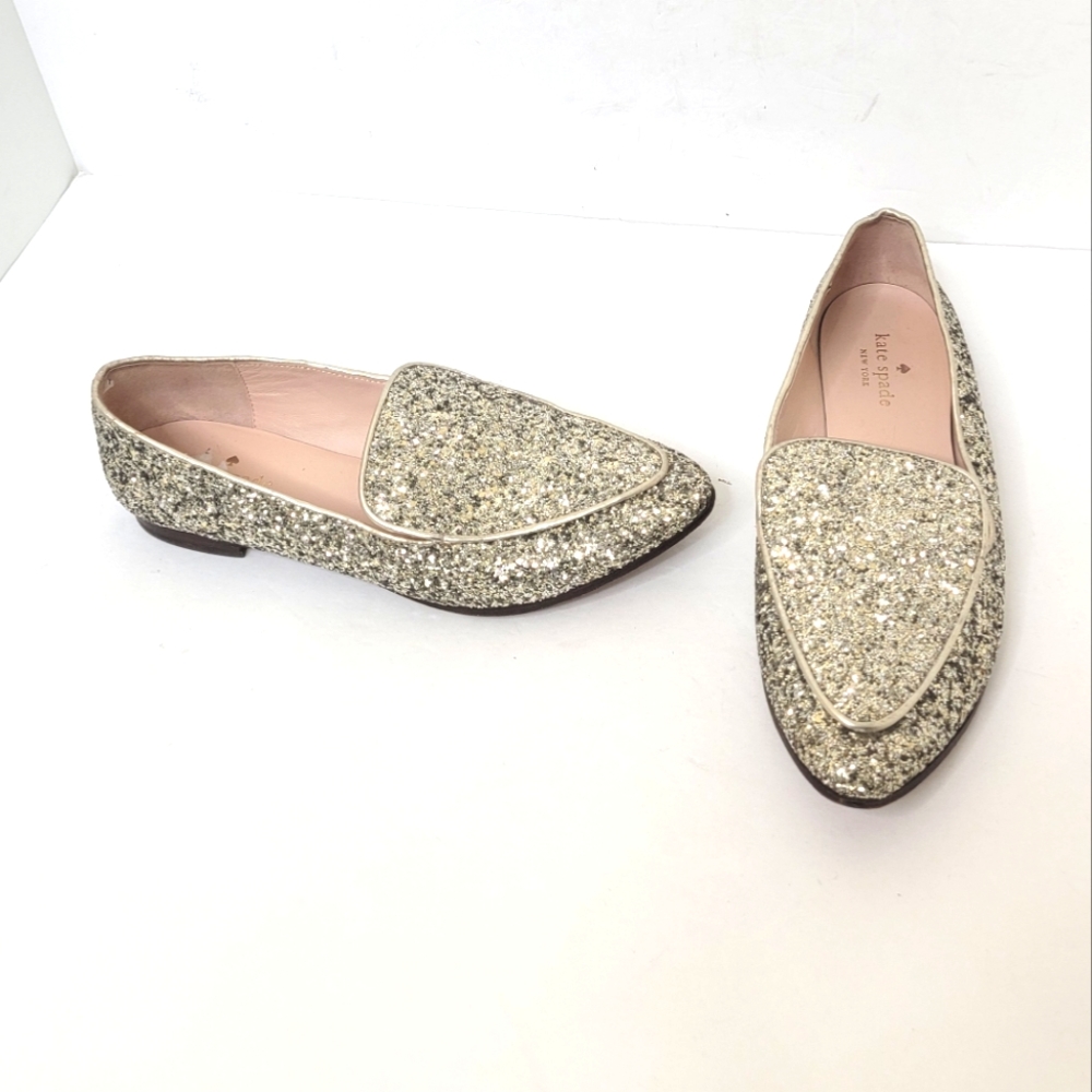 Kate Spade New York Calliope Glitter Flats Loafers Slip ons Silver Size 8